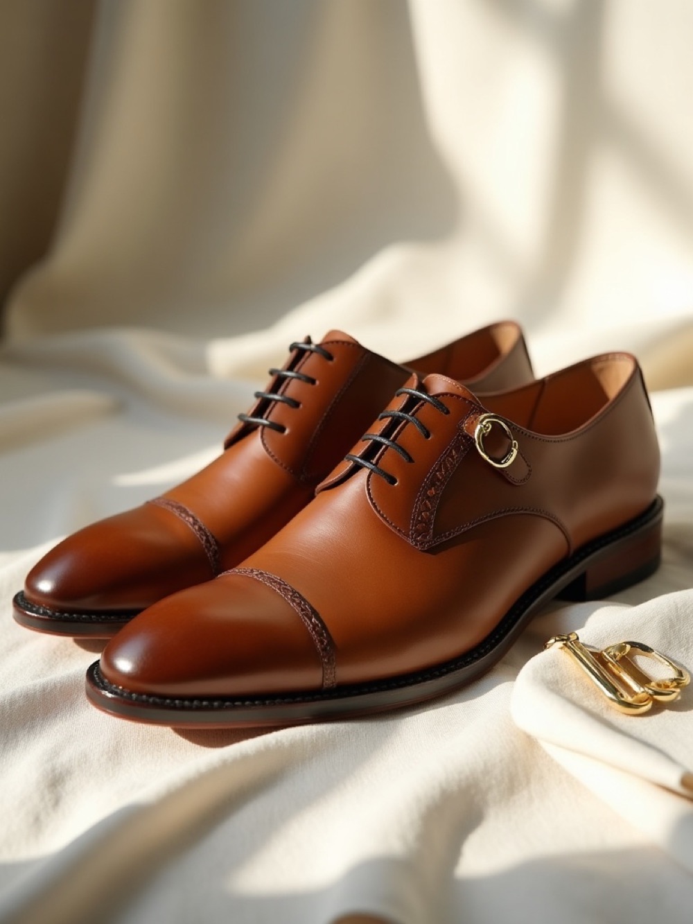 Premium leather dress shoes on cream linen photographed for MONDIAF SRL